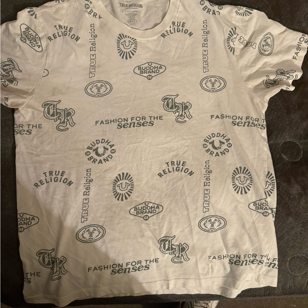True Religion White Tee with Green All-Over Logos